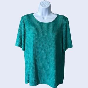 Jessica Michelle 90s Crinkle Knit Top - Teal Scoop Neck Short Sleeve
